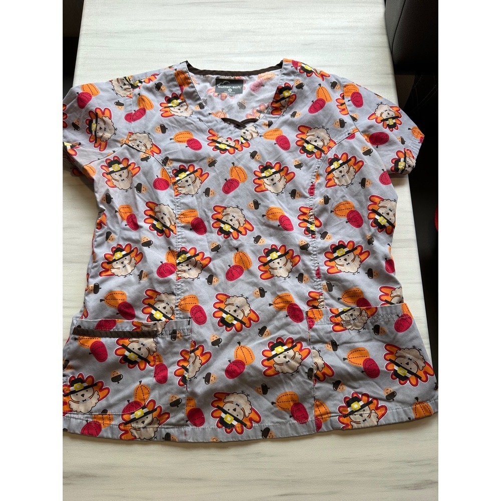 Lot of 4 Womens Holiday Scrub Tops Halloween Thanksgiving Christmas Sloths Med. - Picture 7 of 15